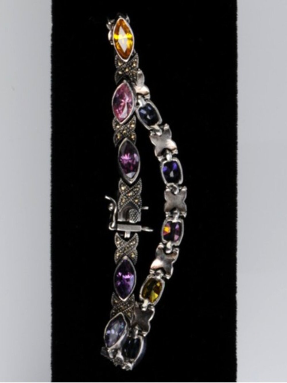 Antique Art Deco Silver Marcasite and Gem Bracelet incl Amethyst